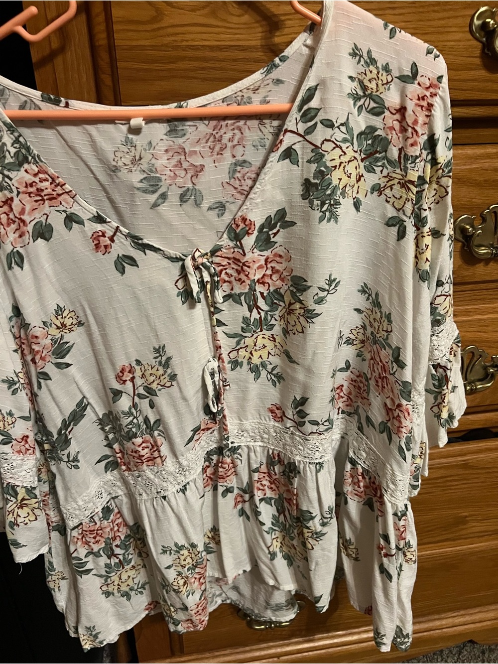 Maurices White Floral Tie-Front Tunic with Pink & Yellow Flowers